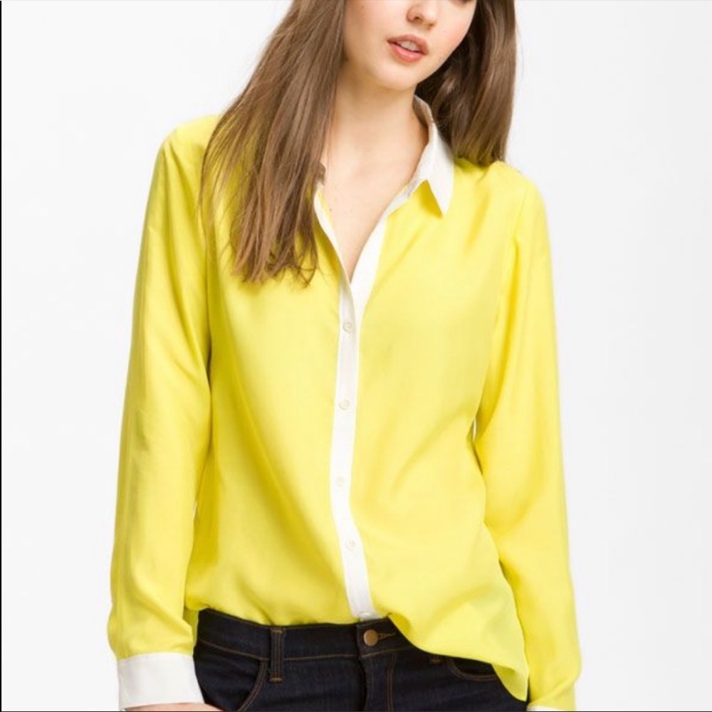 Trouvé yellow silk shirt with white contrast hem (XS)